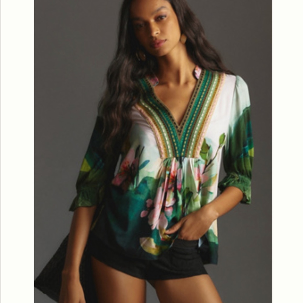 Bl-nk London Top Anthropologie Green Floral Boho Tunic Size Large